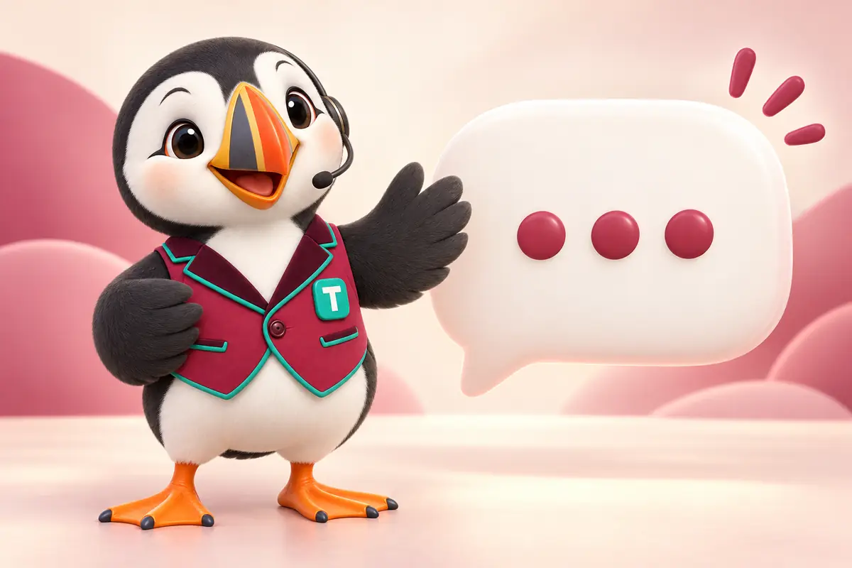 Tolly beside a giant chat bubble with a typing indicator