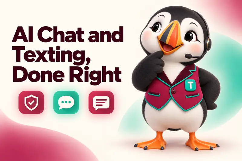 Blog cover: AI Chat and Texting, Done Right, with Tolly the puffin thinking