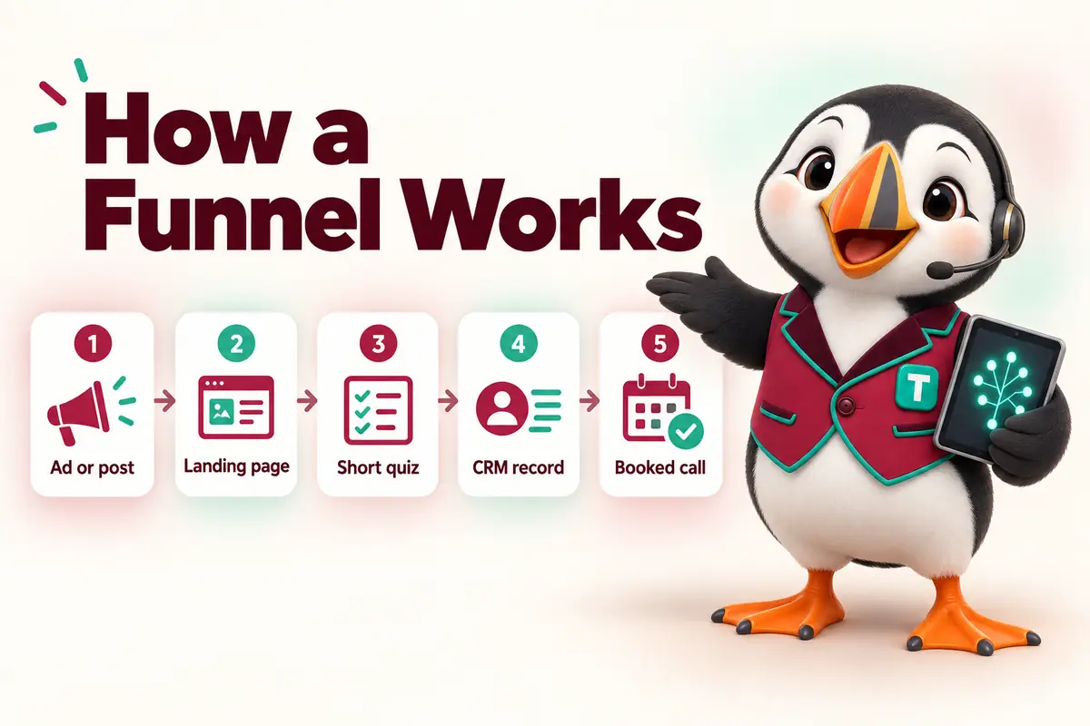 How a Funnel Works: Ad or post, Landing page, Short quiz, CRM record, Booked call. Infographic with Tolly the puffin.
