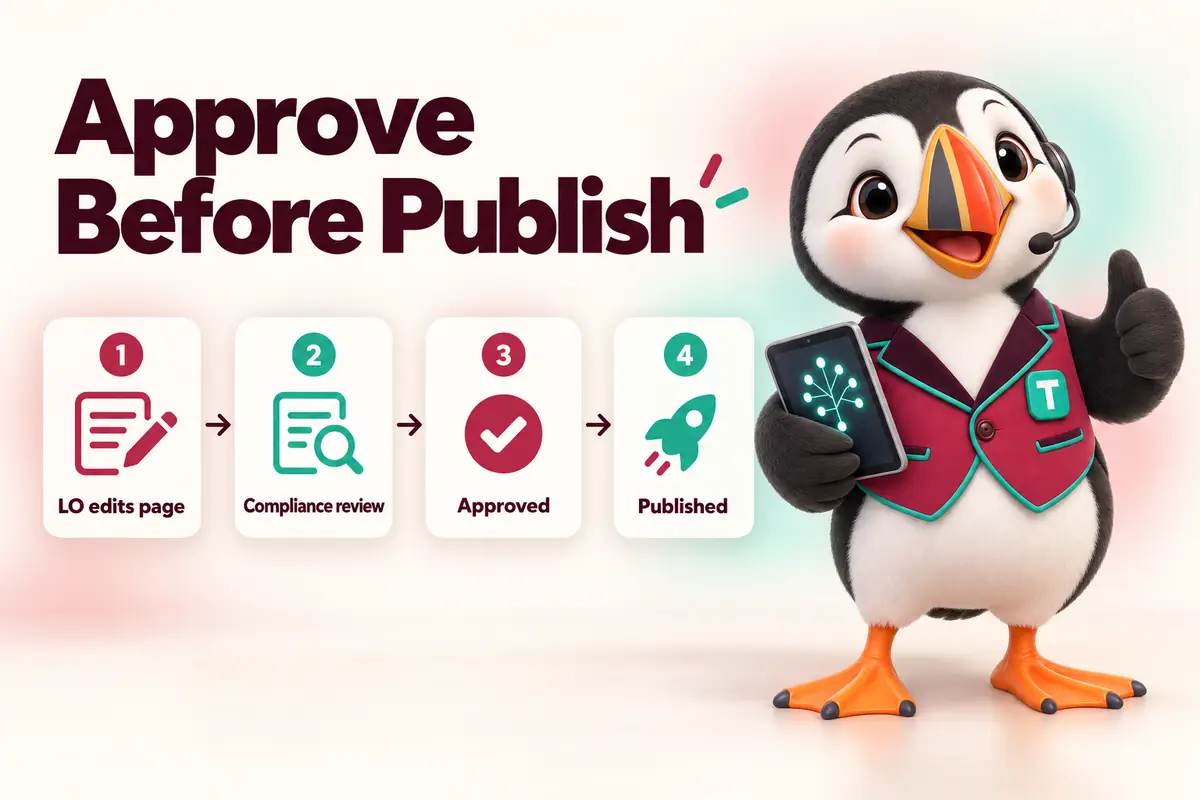 Approve Before Publish: LO edits page, Compliance review, Approved, Published. Infographic with Tolly the puffin.