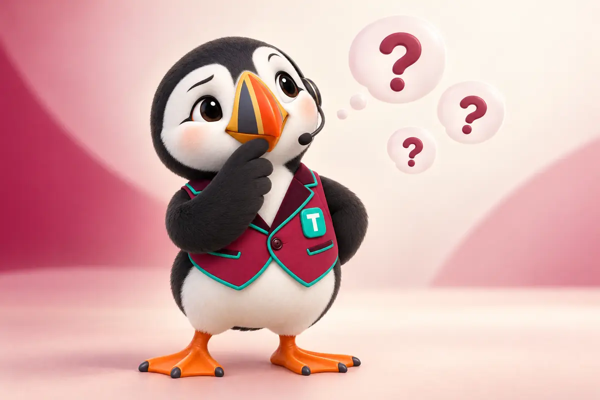 Tolly thinking with question-mark bubbles floating nearby