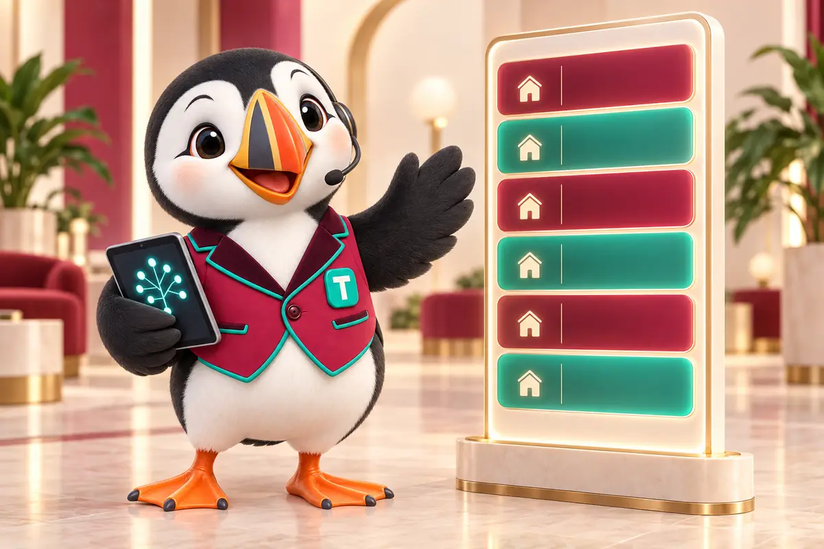 Tolly the puffin waving beside a glowing lobby directory board of garnet and jade floors