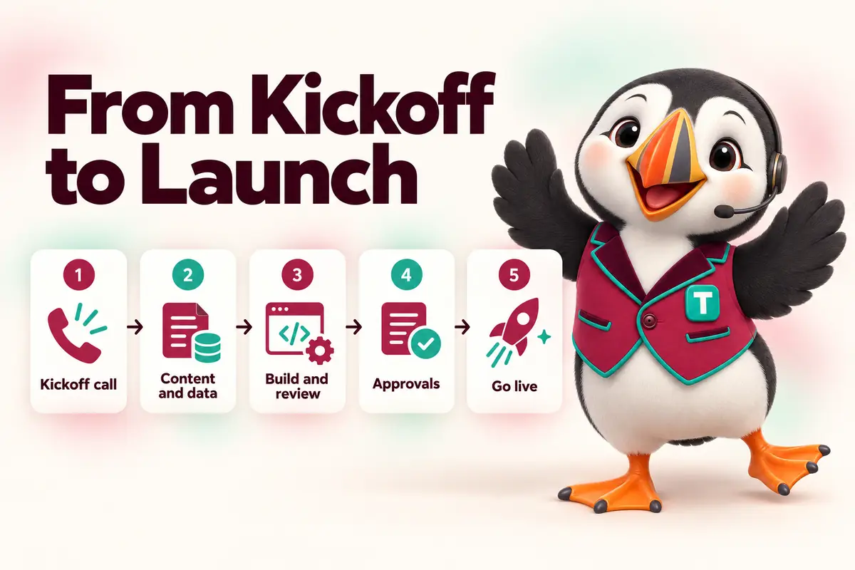 From Kickoff to Launch: Kickoff call, Content and data, Build and review, Approvals, Go live. Infographic with Tolly the puffin.