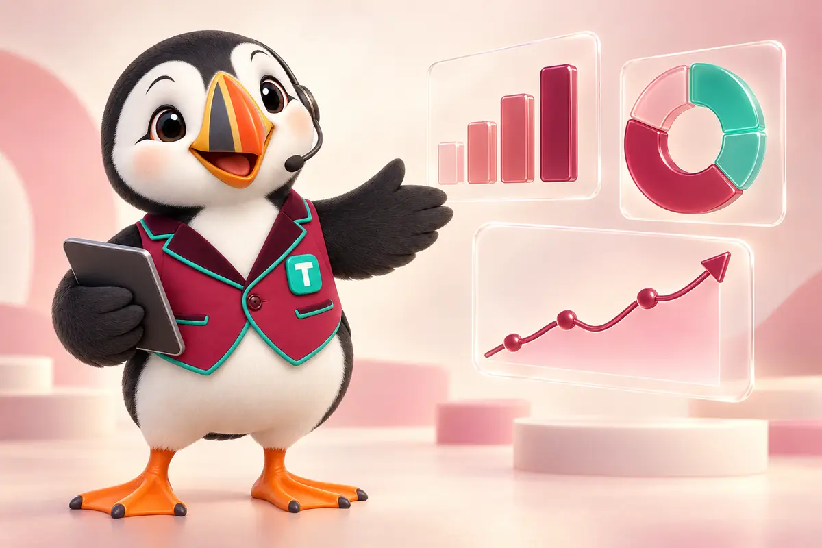 Tolly pointing at floating glass bar, donut and line charts