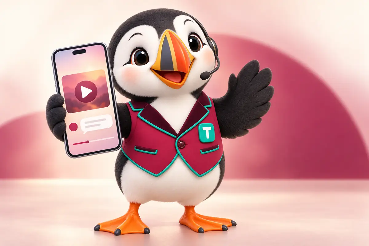 Tolly holding a tall phone showing a short video and a message bubble