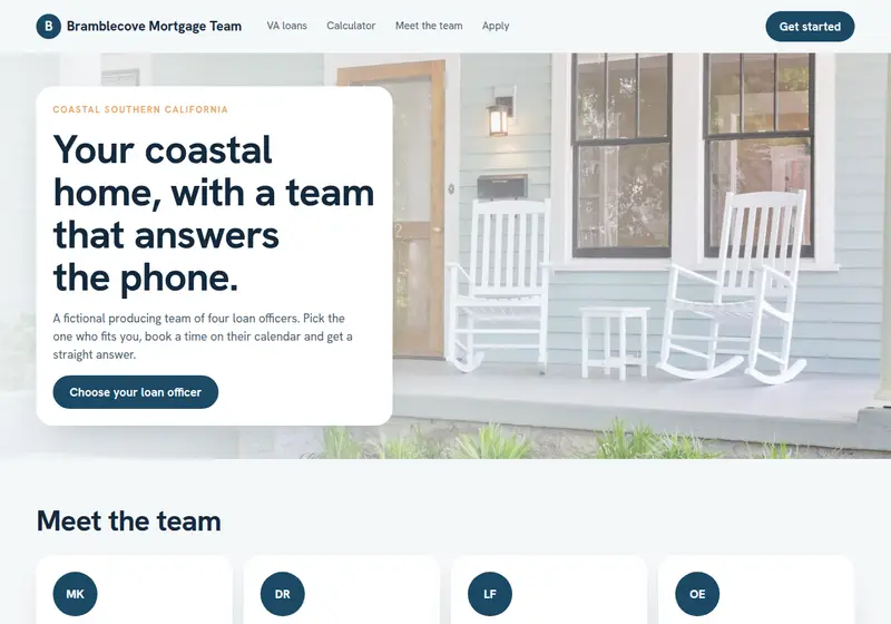 Screenshot of the Bramblecove Mortgage Team sample site, a fictional lender