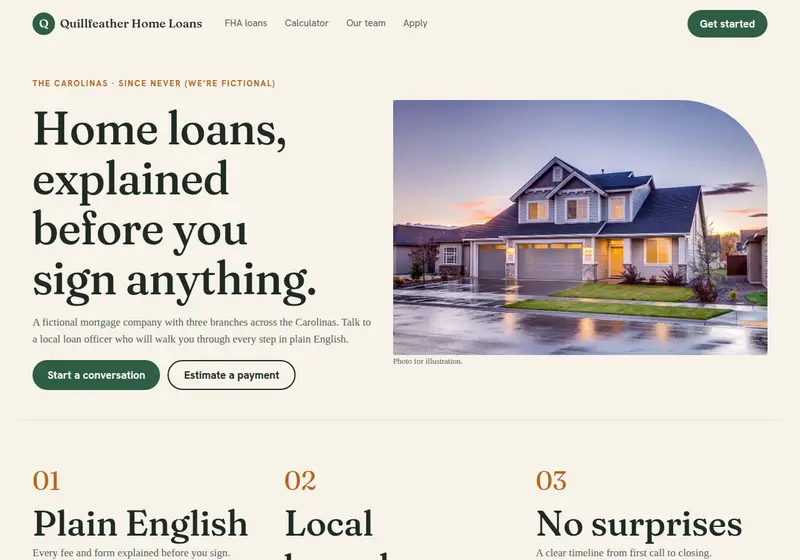 Screenshot of the Quillfeather Home Loans sample site, a fictional lender