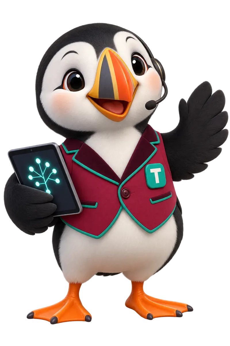 Tolly, the Atlantic puffin mascot of Mortgage Funnel Suite, waving in a garnet vest with a jade T badge and a headset