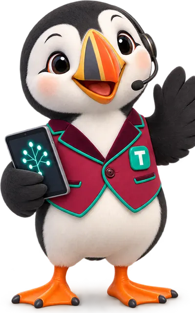 Tolly the puffin with a headset at the center of the AI Engine